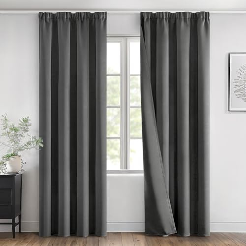 MIULEE Verdunklungsvorhang mit Kräuselband Blickdicht Thermo B140 H200 Grau | 2er Set blickdichter Verdunklungsvorhang mit Kräuselband, thermo, modernes Design, dekorativ für Wohnzimmer und Schlafzimmer