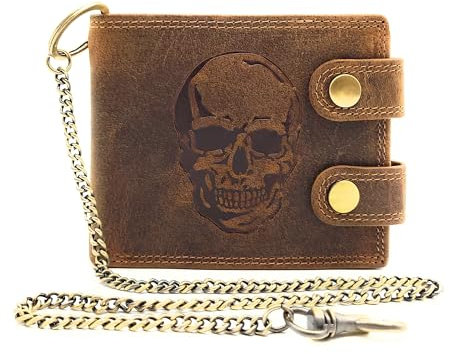 Lemasi Biker Geldbörse mit Kette RFID Schutz Hunterleder Portemonnaie Skull Totenkopf Skull Schädel (braun quer Außenriegel)