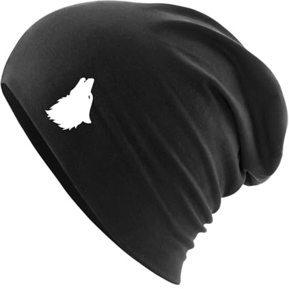 Huuraa Slouch Beanie Wolf Kopf Silhouette Geschenk | Erwachsenen Wintermütze Baumwolle und Elasthan Mütze Geschenkidee doppellagige Baumwollmütze