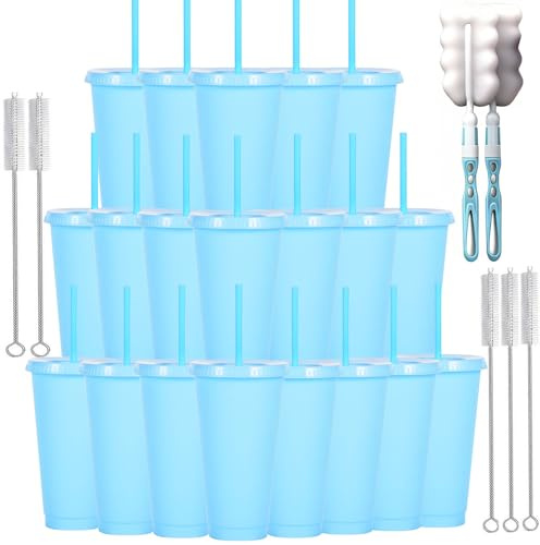 Yisituo 710ml Reusable Plastic Cups, 20 Pack Cold Cups with Lid and Straw, Tumblers Travel Mugs for Adults and Madam Party and Beach, Pool Gatherings (20, Light Blue)