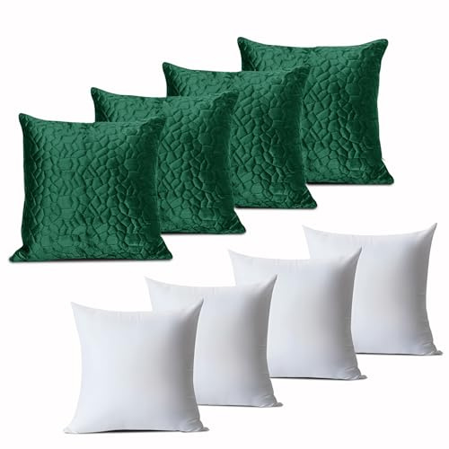 INSPIRE HOMEWARE Pebble Cushions with Covers Included Pack of 4 Emerald 45 x 45 cm (4 covers,4 inners) Embossed Velvet Square Throw Pillowcases with Hidden Zipper for Sofa Office Car Bedroom