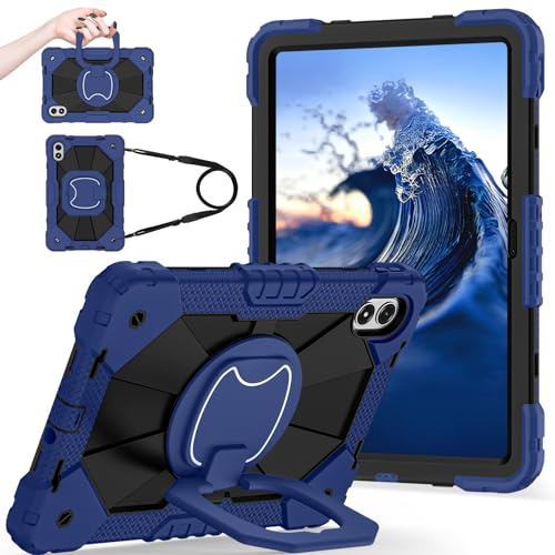 FONREST Étui robuste portable pour Redmi Pad 2 Pro 12,1 2025 avec béquille pivotante/anneau de suspension, poignée de levage, bandoulière hybride, robuste et résistante aux chocs (bleu marine + noir)