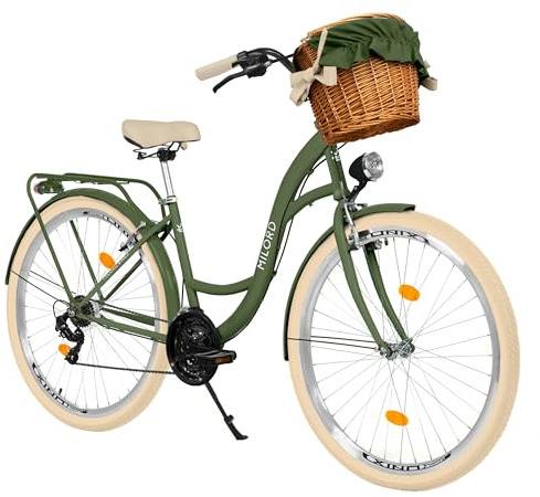 MILORD Damenfahrrad Citybike Komfort Mit Weidenkorb Hollandrad Vintage Fahrrad, 26, 28 Zoll, 21-Gang (Khaki, 28 Zoll)