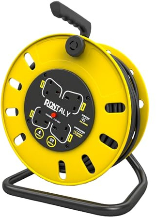 Extension Lead Cable Reel, 50m Heavy Duty 4 Socket Cord Reel UK Plug Socket with Thermal Cut-Out Protection 13A Fused Plug