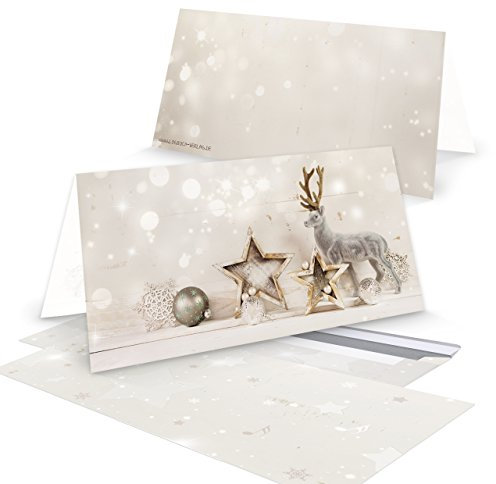 Logbuch-Verlag 10 lange Weihnachtskarten mit Kuvert 10,5 x 21 cm beige weiß shabby chic Rentier - Klappkarte Doppelkarte Weihnachten beschreibbar