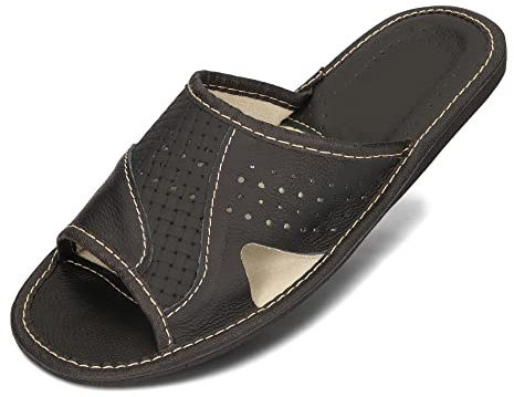 BeComfy Zapatillas de Casa para Hombres 100% Cuero Genuino Zapatillas de Verano Puntera Abierta 40-46 EU (Negro, 45)