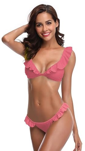 SHEKINI Costume da Bagno Donna Sexy V Profonda Bikini Beachwear Ruffles Flounce Regolabile Costumi da Bagno Due Pezzi Mare e Piscina