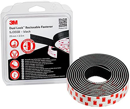 3M Dual Lock SJ355B, wiederlösbares Befestigungssystem - starke und wiederlösbare Verbindung von Metallen, Glas, Acrylat, Polycarbonat und ABS - 25mm x 2.5m, Schwarz, Dicke: 5.7mm (1-er Pack)