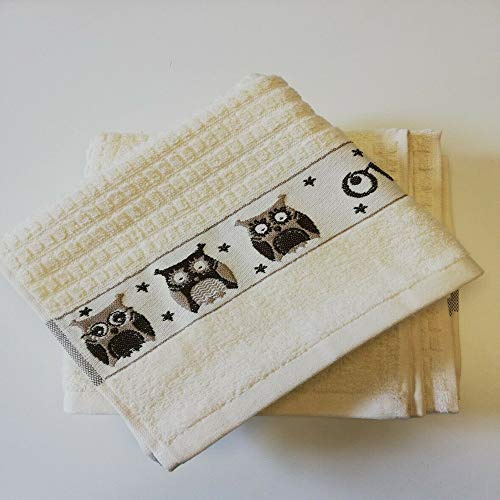 Sue Rossi Ltd 100% Cotton Tea Towels Waffle Embroidered Animal Cooks Cloth Luxury 3 Pack Kitchen Towel Set (Cream Owl)