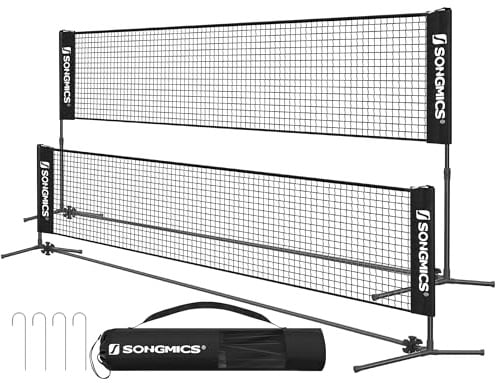 SONGMICS 16.5 ft Badminton Net, Height Adjustable Volleyball Net, Pickleball Net with Poles, Foldable Nylon Net for Tennis Indoor Outdoor Court, Black USYQ500HV1