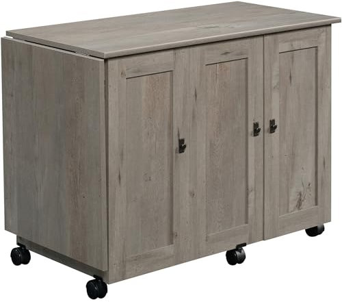 Sauder Craft Cart Storage Cabinet, Rolling Sewing Table with Expandable Top, Mystic Oak