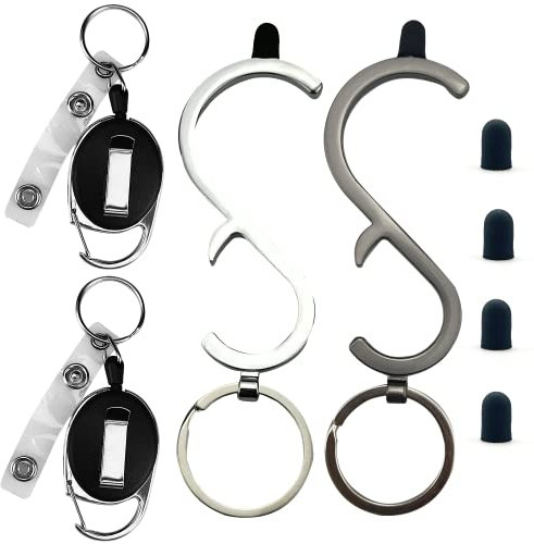 2Pcs Contactless Door Opener No-Touch Key with Retractable Carabiner Bottle Opener Non-Contact Keychain,with 4 Stylus Silicone Head,for Outdoor Public Door Handle Touchscreen