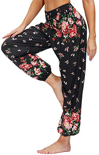 Nuofengkudu Damen Hippie Hosen mit Taschen Haremshosen Yogahosen Leichte Boho Muster High Waist Yoga Hosen Bunt Gemustert Lockere Pumphose Freizeithose Sommer Strand(Z-Schwarze Blume,Einheitsgröße)