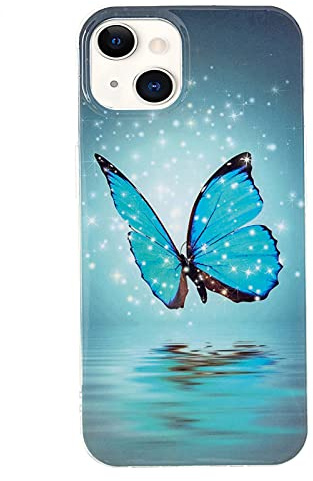 DasKAn Kompatibel mit iPhone 13 Mini 5,4 Leuchtend Silikon Hülle, Licht im Dunkeln Fluoreszierend Bunt Muster Kratzfest Stoßfest Fallschutz Ultra Dünn Flexibel TPU Schutzhülle, Blau Schmetterling