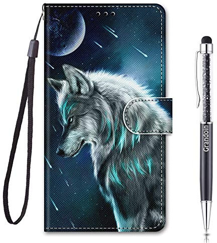 Grandoin Kompatibel mit iPhone 13 Pro Hülle (6,1 Zoll), Handyhülle im Brieftasche-Stil, Handytasche PU Leder Flip Cover Kreative Muster Book Hülle Case Schutzhülle (Wolf)