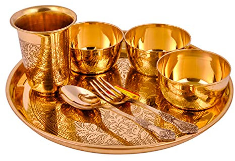 Shiv Shakti Arts® Juego de vajilla Thali de latón puro, diseño de flores grabadas, 7 piezas, juego de vajilla de latón, para regalar Diwali Spacial