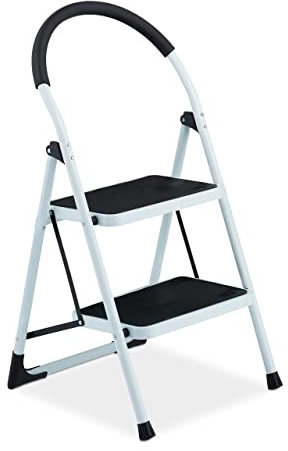 Relaxdays Escabeau, 2 marches antidérapantes, Pliable, Garde-Corps, Charge Max. : env. 120 kg, Acier, Plastique, Blanc
