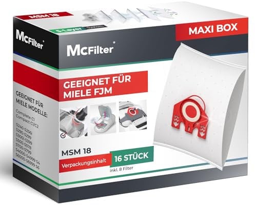 McFilter | 16 bolsas para aspiradoras Miele FJM serie S2 S3 S4 S5 S6 S7, Complete C1, Compact C1/C2 | 5 capas | incl. 8 filtros con cierre automático | MAXI BOX
