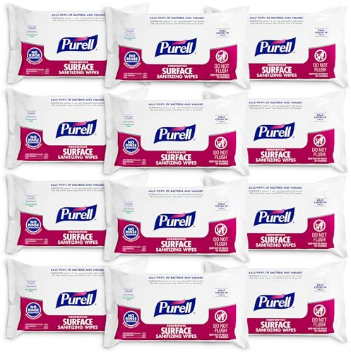 PURELL Foodservice Surface Sanitizing Wipes, 72 Count Flowpack, 7.4 x 9 Wipes (Pack of 12) – 9371-12