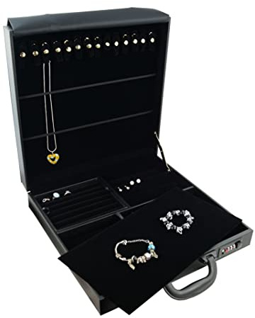 Box Displays Large Leatherette Jewellers Travel Attaché Case for Rings, Earrings, Bracelets, Necklaces and More with Combination Lock