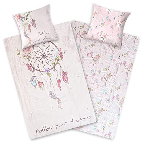 Aminata kids Bettwäsche Traumfänger 135x200 Mädchen Biber warm, weich & kuschelig mit Reißverschluss - Flanell Baumwolle - Mädchen Jugendliche Dreamcatcher Kinder Motiv Feder Indianer