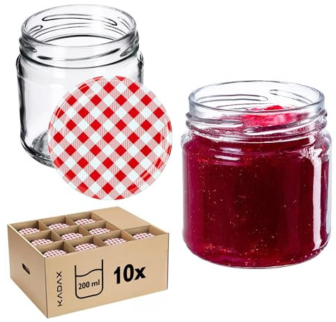 KADAX Bocaux hermétiques en verre de 200 ml, petits plateaux avec couvercle à vis pour fruits en conserve, confitures et miel (lot de 10, carreaux rouges)