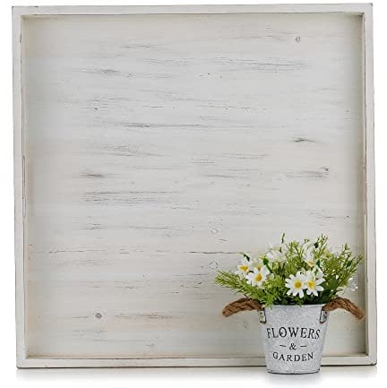 Hanobe Bandeja otomana cuadrada grande: bandejas de madera extra grandes para servir, bandeja decorativa rústica para mesa de café otomana con asas para sala de estar, color blanco