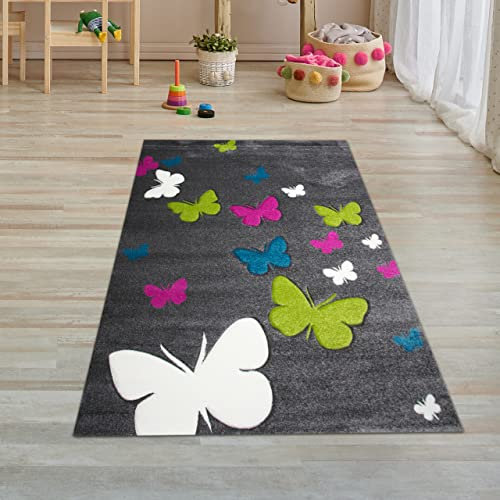 Teppich-Traum Farbenfoher Kinderzimmer-Schmetterlingsteppich | langlebig & robust | grau, 80 x 150 cm