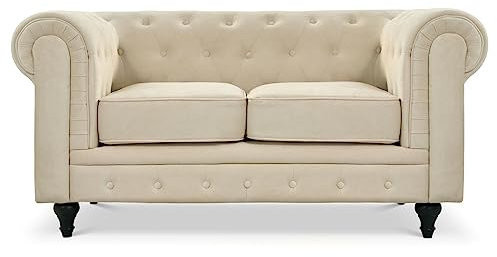 Bravich Velvet Chesterfield Sofa- Cream. 2 Seater Settee, Soft Plush Fabric Couch. Living Room Furniture, Easy Clean. 2 Seater- 160cm x 90cm x 78cm