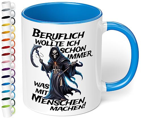 Lustige Büro Tasse „Beruflich wollte ich schon immer was mit Menschen machen!“ - 330ml Keramik Kaffeebecher mit Spruch, Geschenke für Kollegen Büro Arbeit Geburtstag Weihnachten (Cambridge Blau)