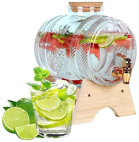 Distributeur de boissons en verre, distributeur de jus de baril 1L/3L/5L avec robinet et support, distributeur de boissons en pot pour boisson de fête, jus, thé glacé, limonade, infusion froide 5L
