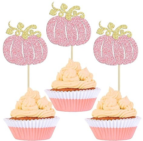 Kürbis-Cupcake-Topper, Glitzer, Herbst-Thema, Kürbis-Cupcake-Dekorationen für Babyparty, Geburtstag, Erntedankfest, Halloween, Party, Kuchendekorationen, Zubehör, Rosa, 24 Stück