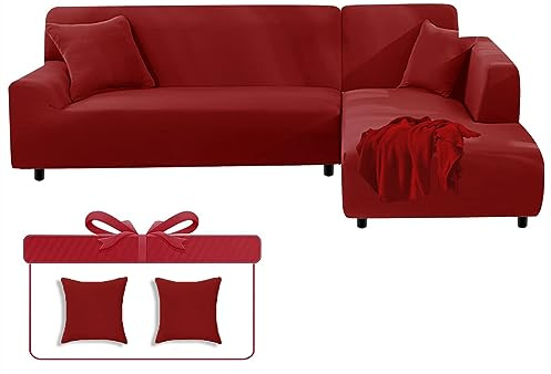 LINGKY Sofabezug Ecksofa L Form Sofa Überwürfe Stretch Sofa Überzug L Form Rechts oder Links mit Kissenbezügen Waschbar Universal-Couchbezug Für 1/2/3/4 Sitzer (Weinrot,4 Sitzer(235-300cm))