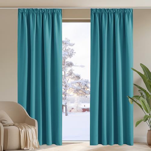 PONY DANCE Rideau Salon Thermiques Isolants Anti UV, Rideau Occultant Galon Fronceur pour Chambre Fille Garçons Porte Fenêtre sans Crochets, Bleu Canard, L 140 x H 245 cm, 2 PCs