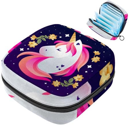 Aufbewahrungstasche für Damenbinden, niedliches Einhorn, tragbar, Menstruationspolster, Slipeinlagen, Tampons, Damenbinden, Aufbewahrungshalter für Damen, Schule, Büro