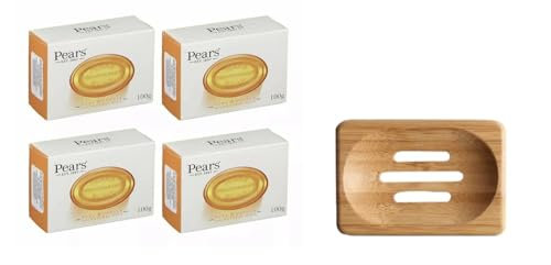 Pears Pure & Sanft Transparentes Seifenstück 4x100g (Natürliche Öle) + Dr Cosi Natürliche Holz Bambus Seifenschale Aufbewahrungshalter