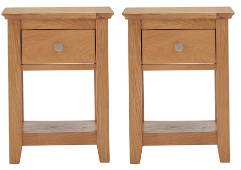 Hallowood Furniture Set of 2 Hereford Small Oak Lamp Table with Drawer and Lower Shelf, Wooden Side Table, Light Oak Plant Stand, Fully Assembled Hallway, Living Room and Bedroom Furniture Set