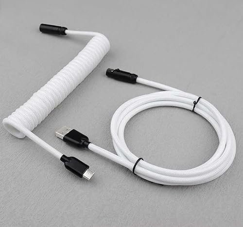 Generic Coiled Cable for Gaming Keyboard, Double-Sleeved Mechanical Keyboard Cable with Detachable Metal Aviator Mini XLR, 1.5M USB-A to USB-C (White)