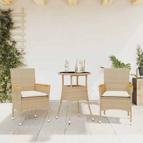 Gecheer 3-TLG. Garten Essgruppe 2 Personen, Rattan Gartenmöbel Set, Balkonmöbel Set, Polyrattan Sitzgruppe, Gartentisch mit Stühlen, Terrassenmöbel Set, Balkon Lounge,Gartengarnitur mit Kissen Beige