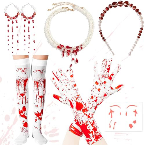 Horrorbraut Halloween Blut Accessoires Damen, Blutiges Kleid Halloween Blut Haarreif Blut Handschuhe Ohrringe, Halloween Blutkette Halskette Blut Tattoo Halloween Schmuck Kostüm Damen Party Cosplay