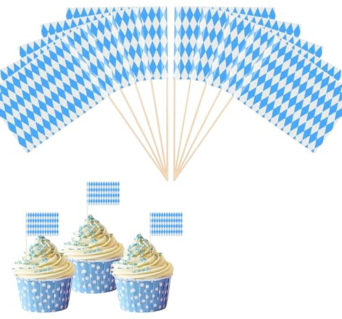 Bayern Oktoberfest Zahnstocher Flaggen, Blau/Weiß Zahnstocher Flaggen Cake Deko, Oktoberfest Deko Sandwich Cupcake, Bayrische Toppers Deko Cocktail Obst Geschirr, für Party Pub Decor (100 Stück)