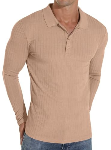 Sailwind Polo Shirts for Men Long Sleeve Tshirts Slim Fit Casual Shirts Classic Stretch Tops Golf Tee (Khaki, XL)