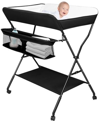 OHMG Commode à langer pliable, table à langer avec roulettes, table à langer mobile avec matelas à langer, ceinture de sécurité et compartiments de rangement, étanche et réglable en hauteur, stable
