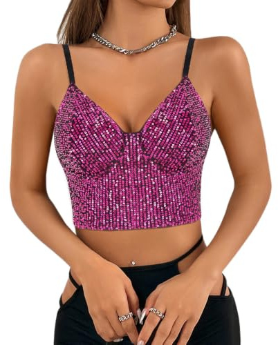 Segreto Damen Glitzer Pailletten Tanktop Spaghettiträger | Sexy Crop Top, Ärmellos Trägertop, Festival Party Club Metallisch Schwarz Camisole