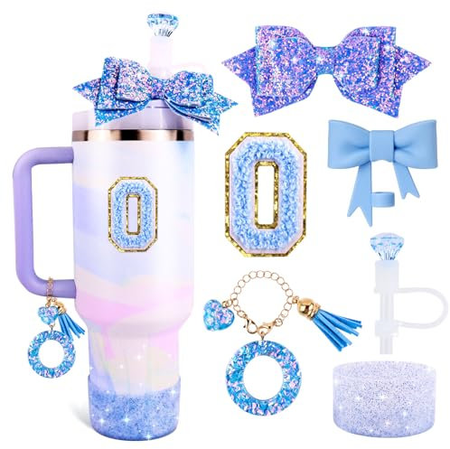 Blue Cup Accessories Set for Stanley 30OZ & 40OZ Tumbler with Handle, Letter Charms, Bow & Diamond Straw Covers, Glitter Silicone Boot, Personalized Sticker for Stanley Cup Accessories (O)