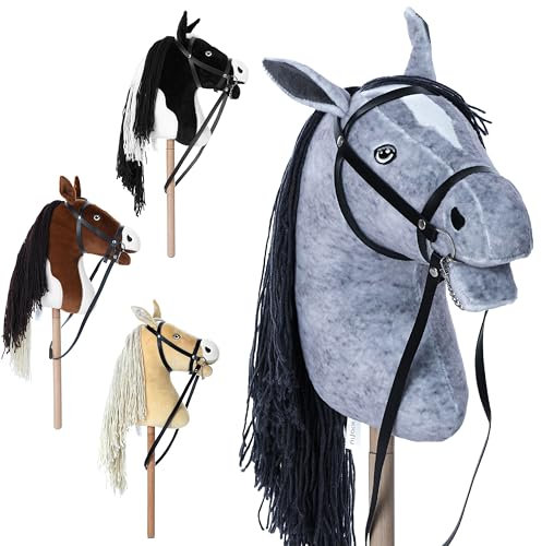 Hoofly® Hobby Horse Grau (Schimmel) - Großes Steckenpferd für Kinder A3 mit Schraubstab/Horsing Hobby Horse Pferde Set mit Trense in 4 Farben/Steckenpferde Stockpferd mit Zubehör Hors