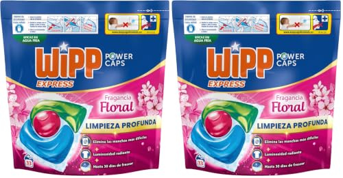 Wipp Express Power Caps Detergente Floral en Cápsulas para Lavadora, 33 Dosis, Limpieza Profunda, Eficaz en Agua Fría (Paquete de 2)