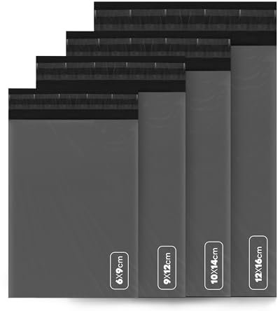 delka Versandtaschen, 100 Stück, gemischte Größe, Grau, Poly-Versandtaschen, reißfeste Versandtaschen für Kleidung, Dokumente, starker selbstklebender Klebstoff, wasserdicht & leicht, Grau