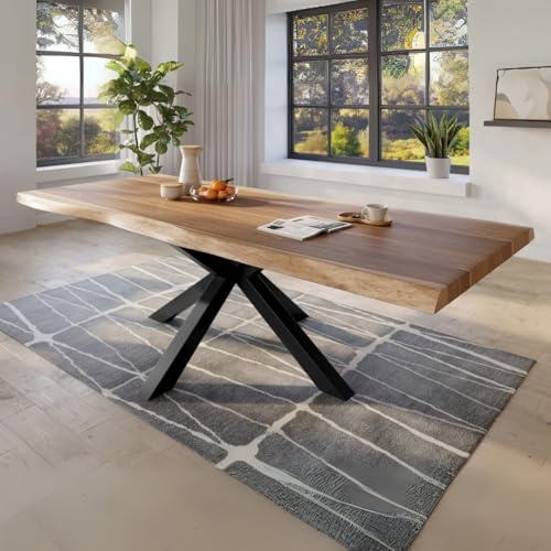 trelevo Esszimmertisch 260x120 cm, Akazienholz massiv 50mm, Tischplatte naturfarben, echte Baumkante, Spider Gestell schwarz, Baumkantentisch