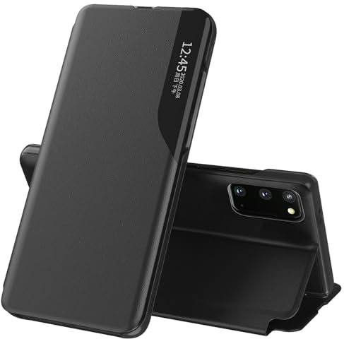 Handyhülle für Samsung Galaxy S20 Hülle Clear View Klappbar Leder Flip Hülle Galaxy S20 Case mit Ständer 360 Stoßfest Und Kratzfest Klapphülle Schutzhülle für Samsung S20 5G Cover (Schwarz)